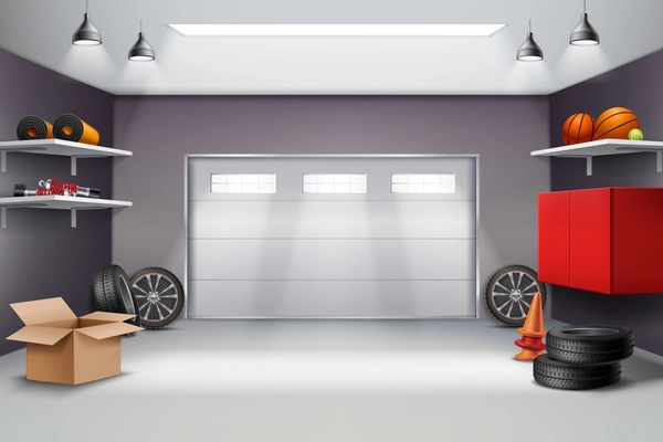 Garage interior in grey color realistic composition with sports equipment, automobile wheels, road cones 3d vector illustration