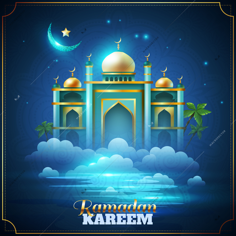 Ramadan kareem holy month mosque at night poster with shining golden domes stars and crescent moon vector illustration