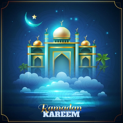 Ramadan kareem holy month mosque at night poster with shining golden domes stars and crescent moon vector illustration