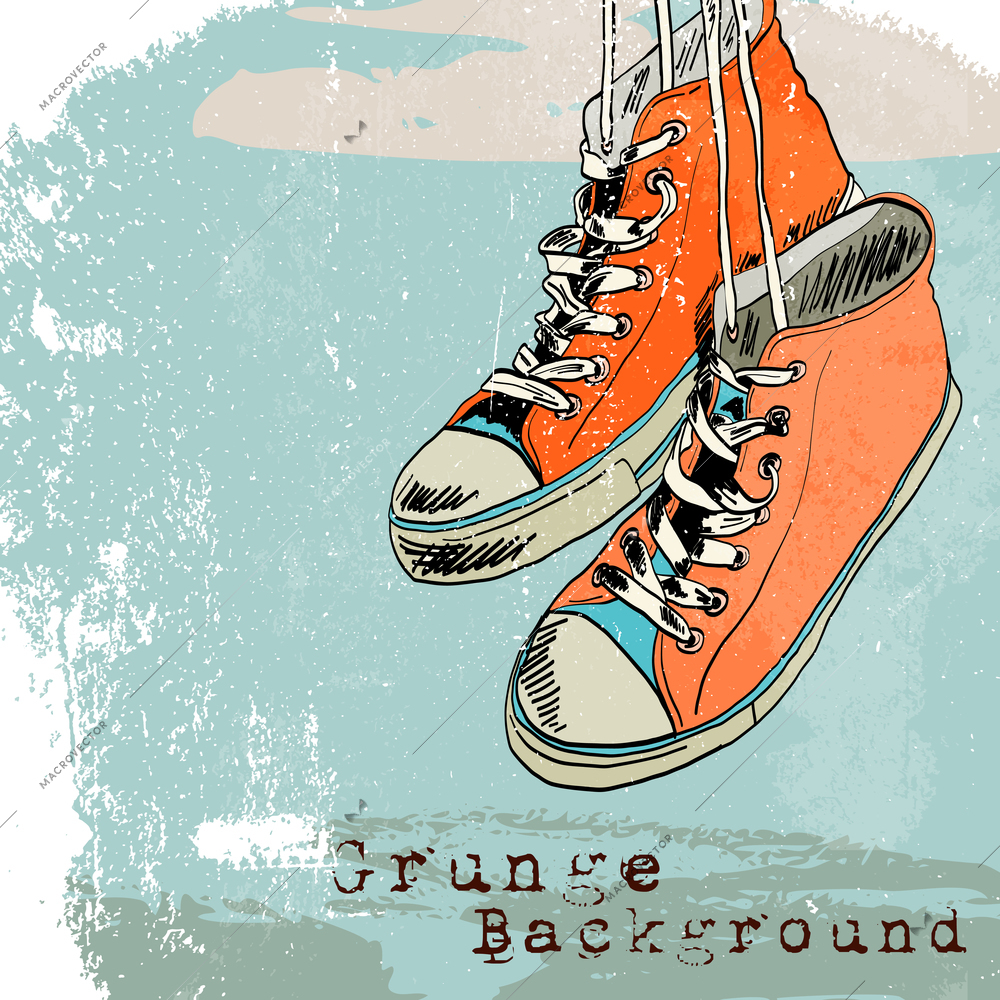 Colored funky hanging gumshoes skateboard fashion sneakers grunge style background vector illustration