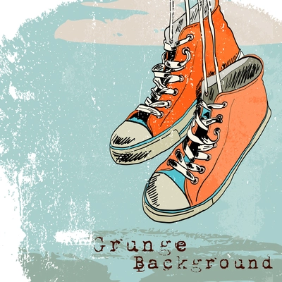 Colored funky hanging gumshoes skateboard fashion sneakers grunge style background vector illustration