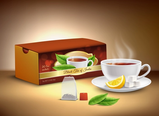 Black tea cardboard packaging, cup of hot drink with sugar and lemon realistic design vector illustration