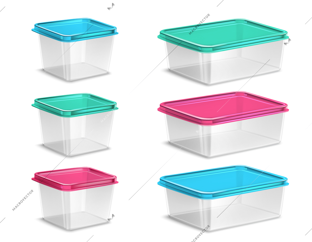 Set of plastic food containers of various volume with colored lids and transparent bowls isolated vector illustration