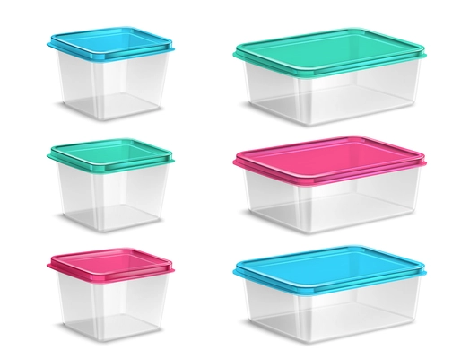 Set of plastic food containers of various volume with colored lids and transparent bowls isolated vector illustration