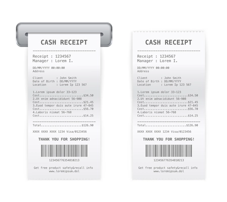 Sales services printed cash receipt coming from register paper roll 2 realistic images set isolated vector illustrations