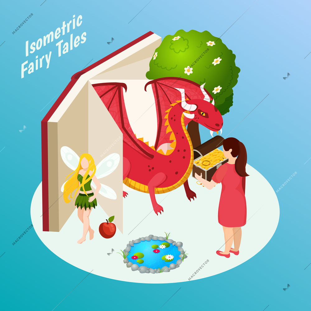 Fairy tales isometric composition on blue background with open book, fabulous characters, treasure chest vector illustration