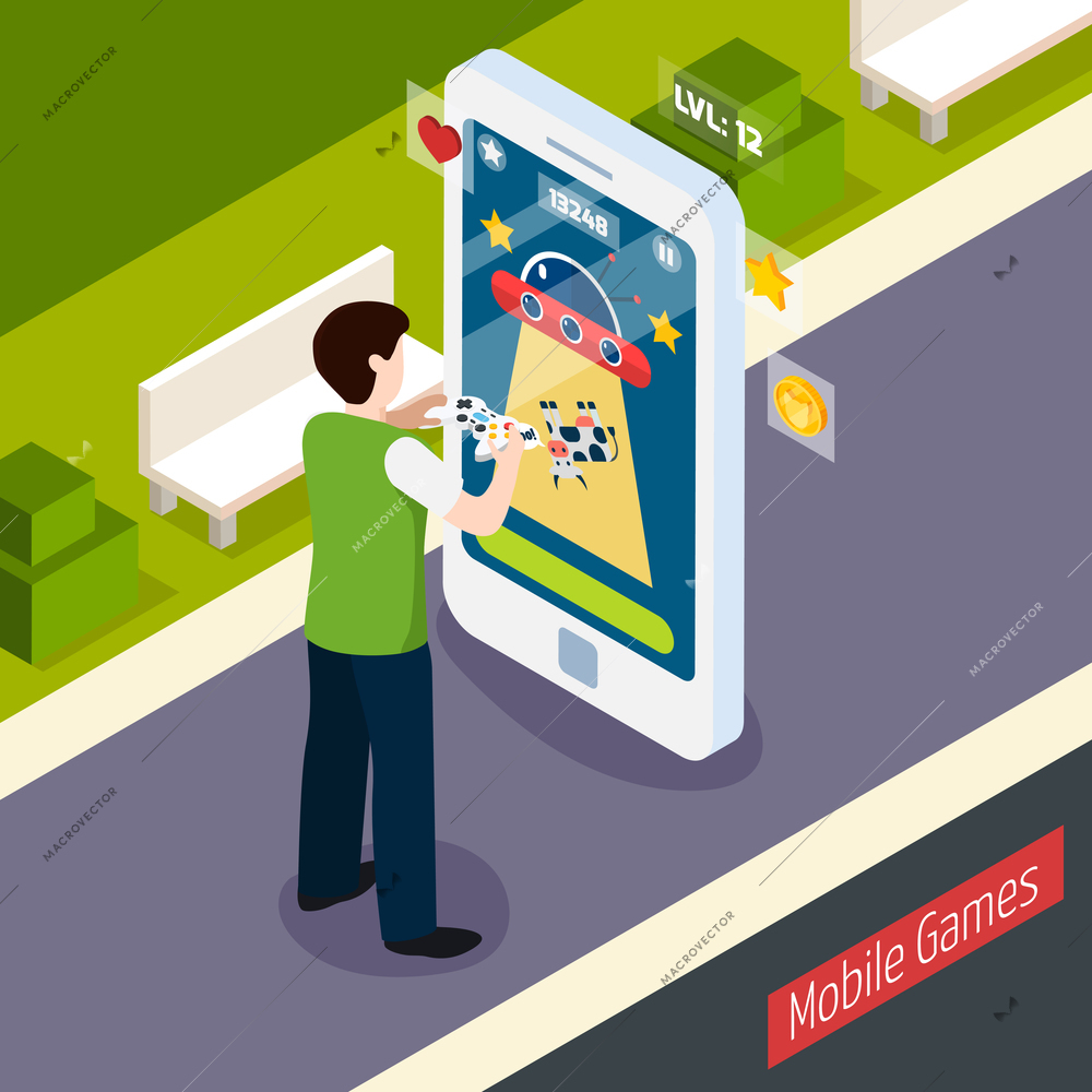 Mobile games isometric composition with person with controller and smart phone at outdoor vector illustration