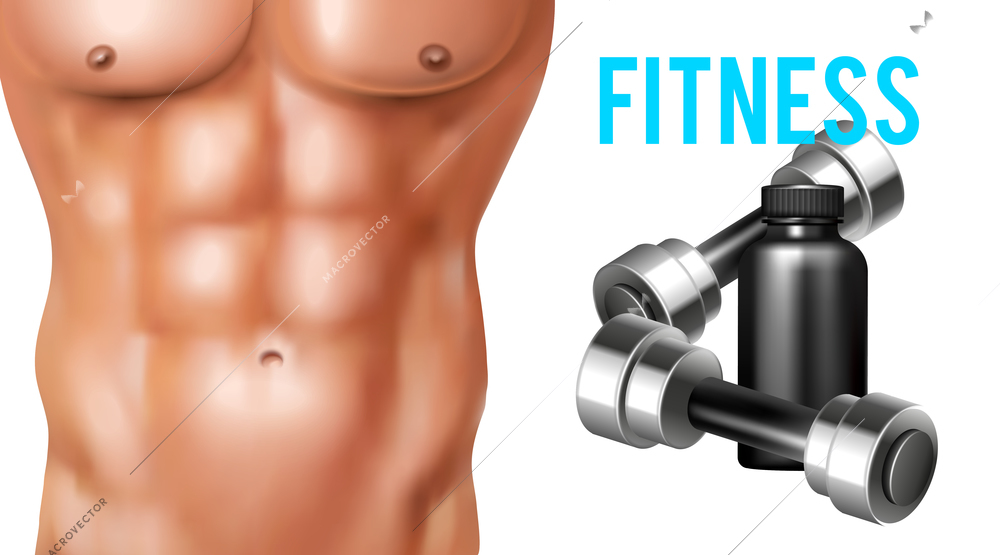 Fitness poster with dumbells and abs pack of naked man on white background realistic isolated vector illustration