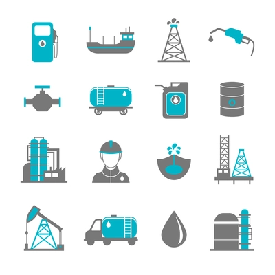 Oil extraction gas production transportation and distribution pictograms collection with industrial complex petroleum pump isolated vector illustration