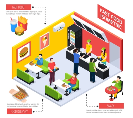 Fast food restaurant isometric composition including clients with overweight behind tables with pizza vector illustration