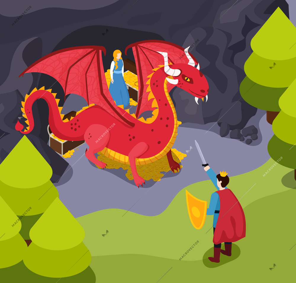Fabulous heroes isometric composition with fight for princess between prince and dragon in forest vector illustration
