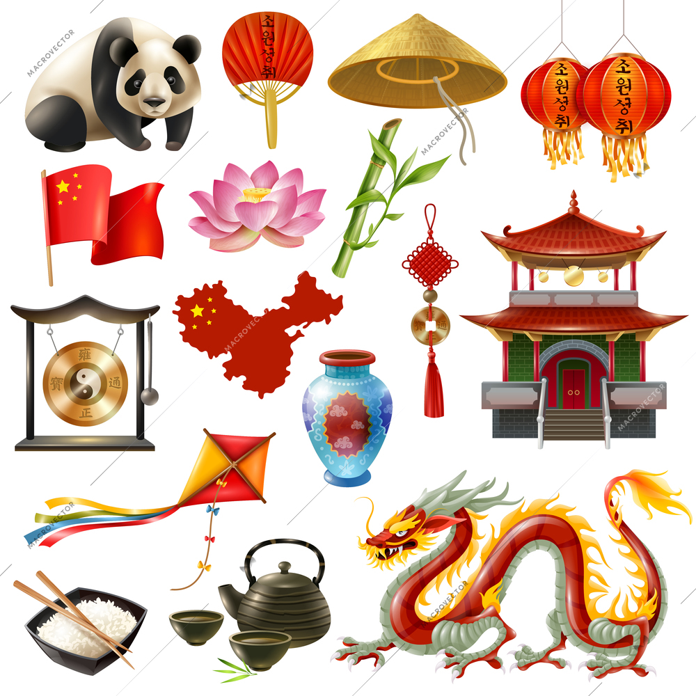 Colored and isolated china travel icon set with most popular attractions and animals vector illustration