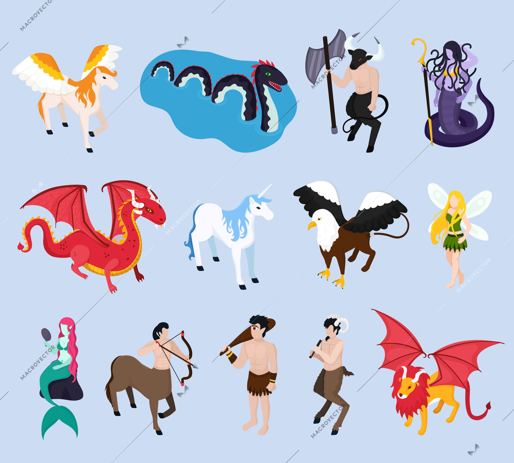 Mythical creatures isometric icons with unicorn, mermaid and fairy, pegasus and winged lion, griffin, isolated vector illustration