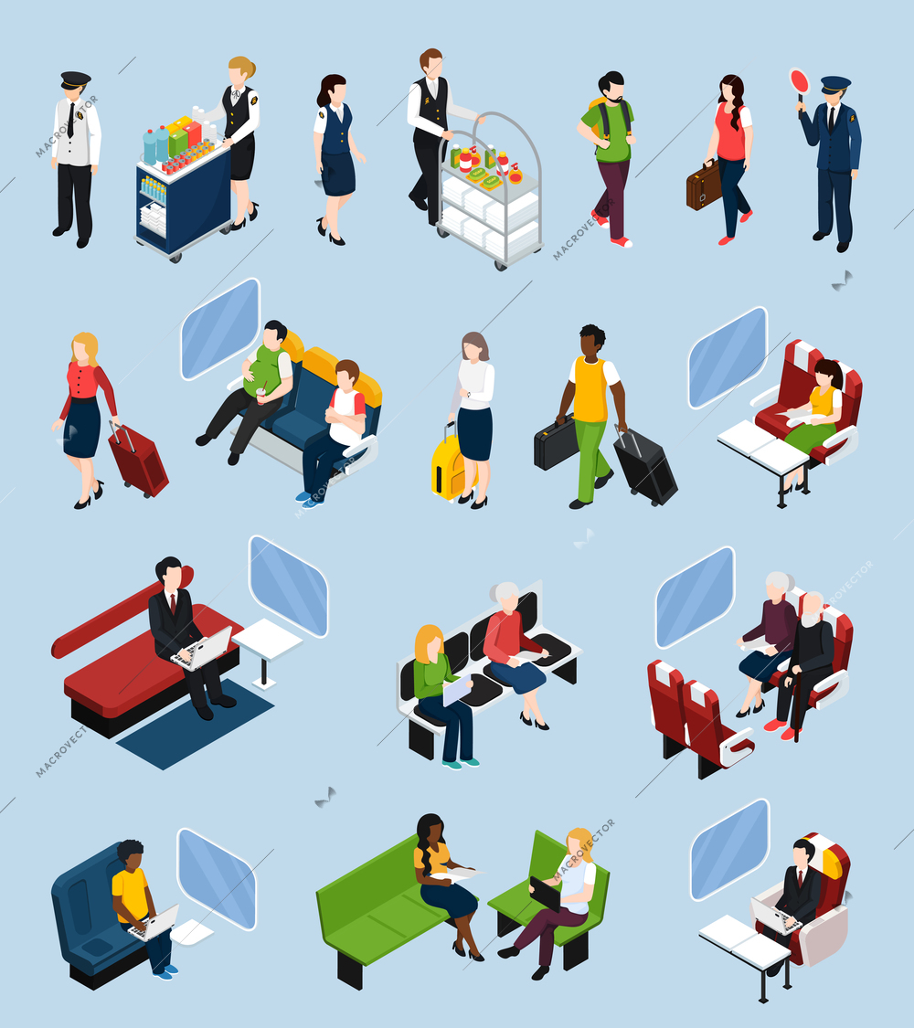 Set of isometric icons with passengers and crew, train interior elements isolated on blue background vector illustration