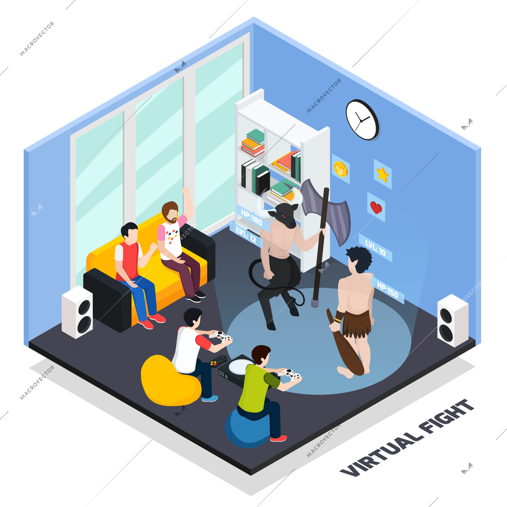 Virtual fight isometric composition with gaming characters, gamers with control panels, spectators in home interior vector illustration