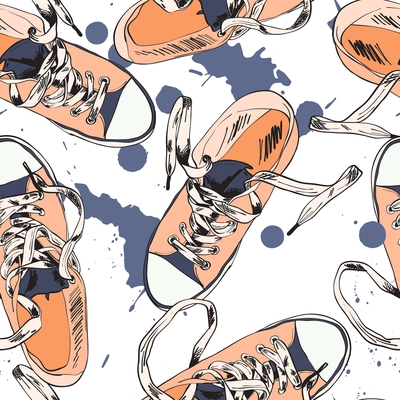 Colored funky gumshoes fashion sneakers grunge style with ink splash seamless pattern vector illustration