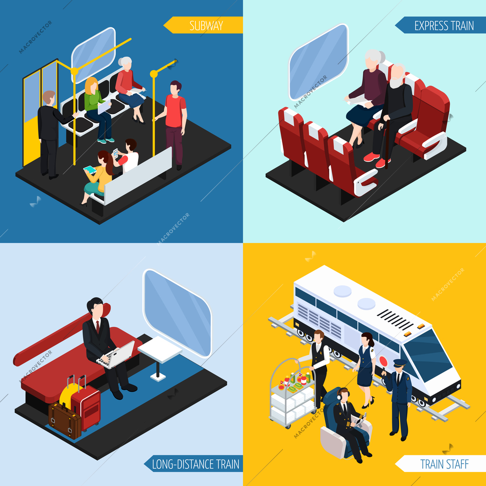 Train interior with passengers for long distance travel, express journey, subway, isometric design concept vector illustration