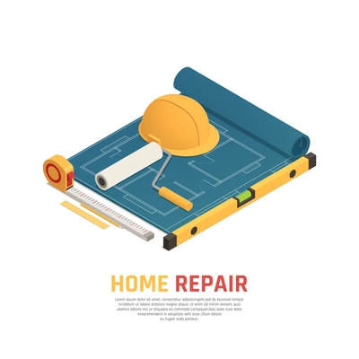 Home repair renovation attributes isometric composition with yellow helmet paint roller tape measure blue print vector illustration