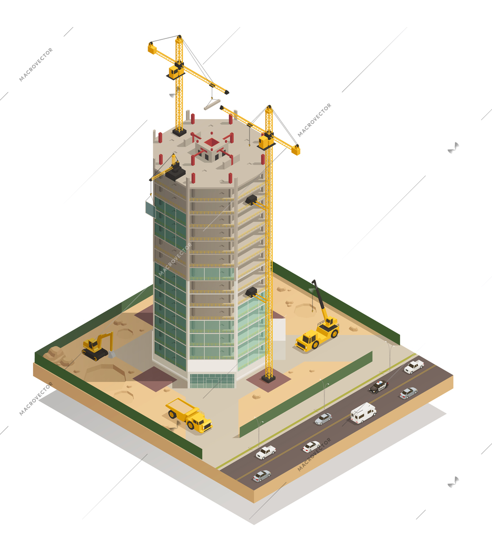 Skyscraper construction isometric composition with adjacent street tower cranes machinery and hoist for facade work vector illustration