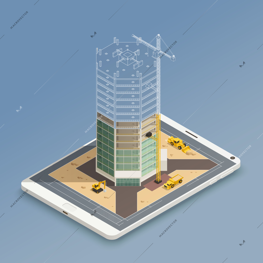 Skyscraper construction on smart phone screen isometric composition with steel tubes frame and yellow machinery vector illustration