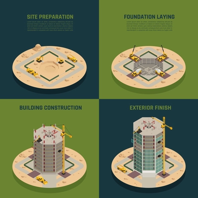 Skyscraper construction process 4 isometric icons  concept from site preparation to building facade finish isolated vector illustration