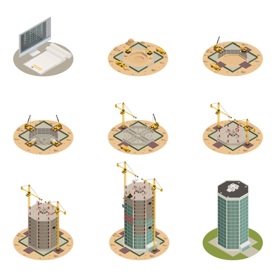 Skyscraper construction process progress 9 isometric icons collection from project design to final building isolated vector illustration