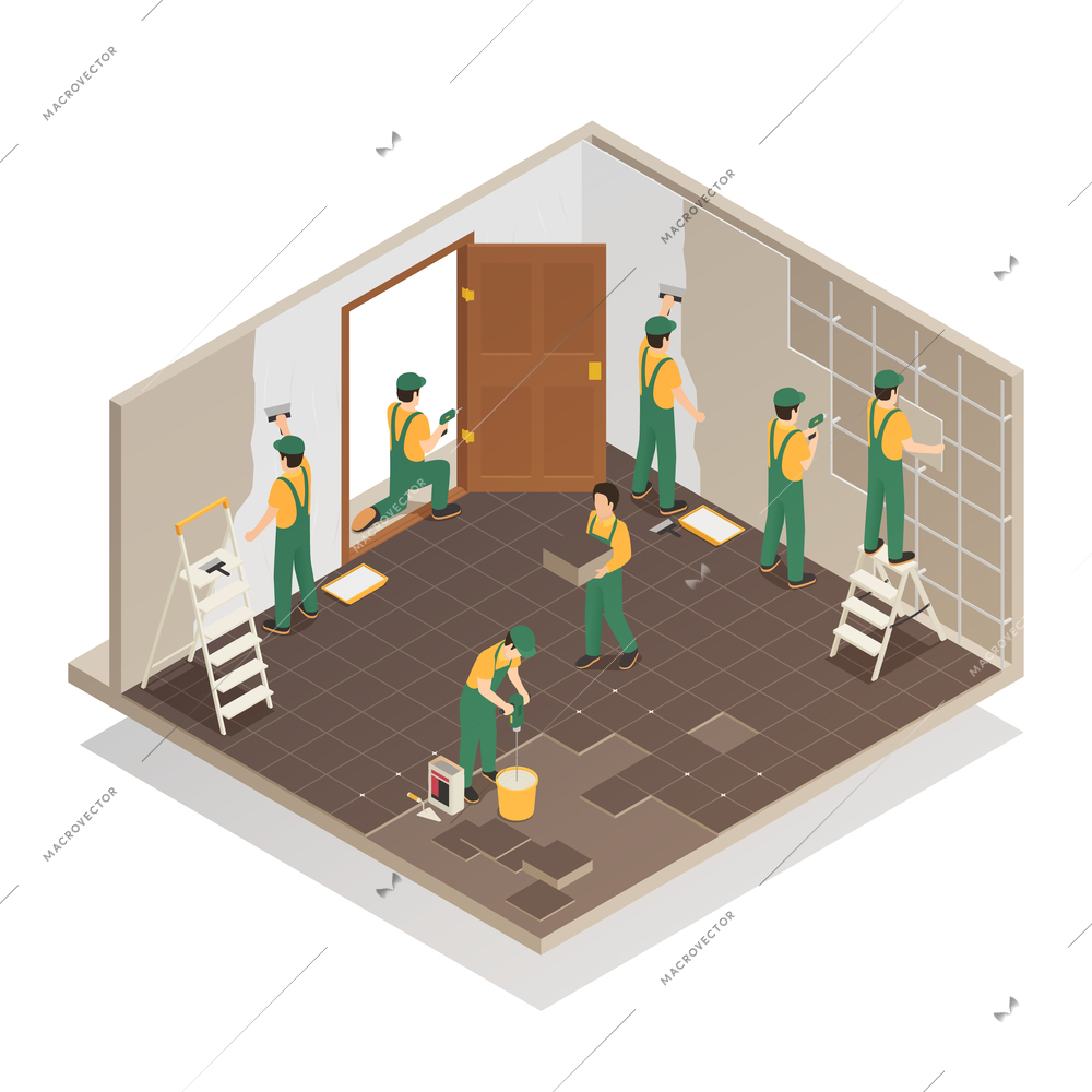 Home renovation repair isometric composition with professional workers team tiling floor and walls in room vector illustration