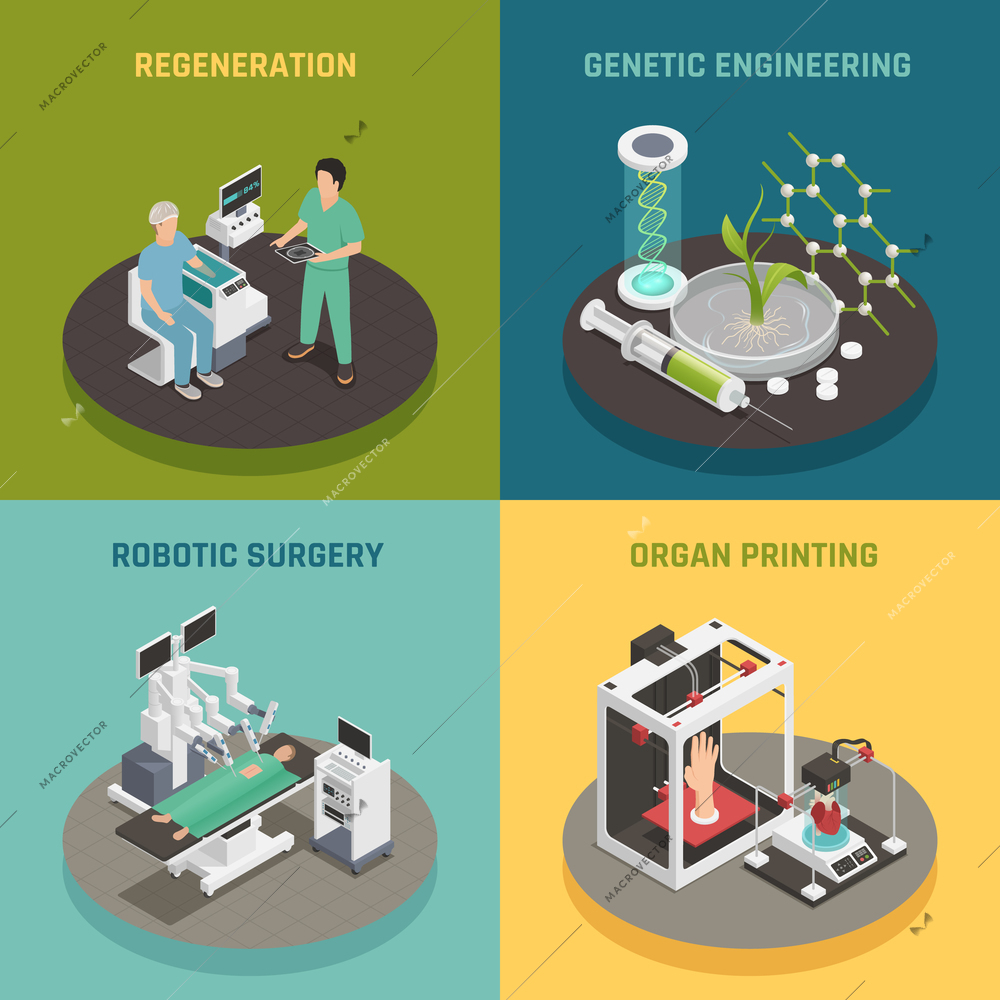 Future medical technologies concept 4 isometric icons square with organs printing regeneration robotic surgery isolated vector illustration