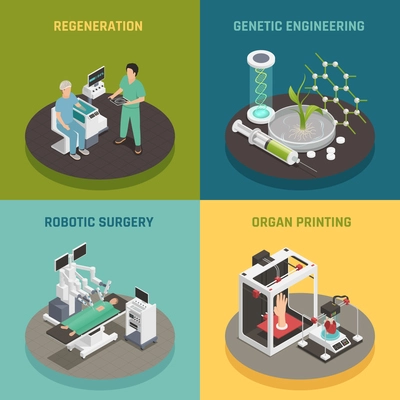 Future medical technologies concept 4 isometric icons square with organs printing regeneration robotic surgery isolated vector illustration