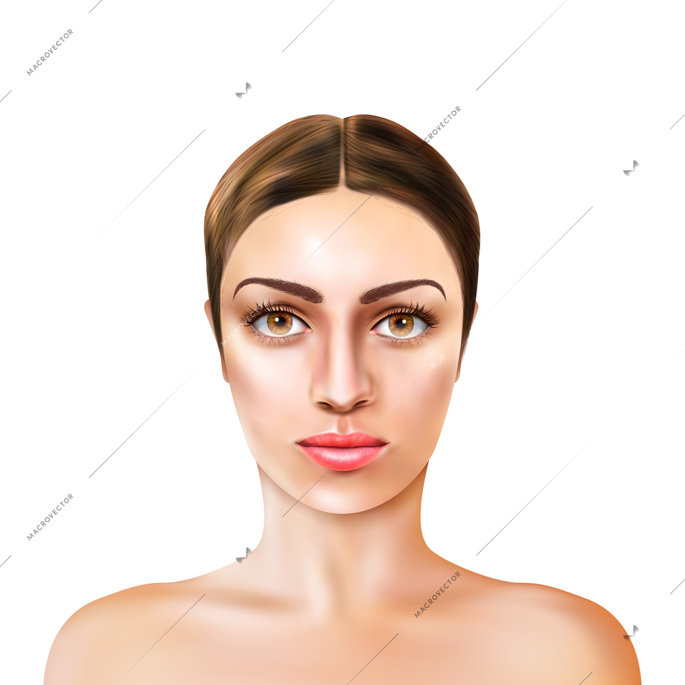 Realistic girl model with brown eyes, light skin and bare shoulders on white background isolated vector illustration