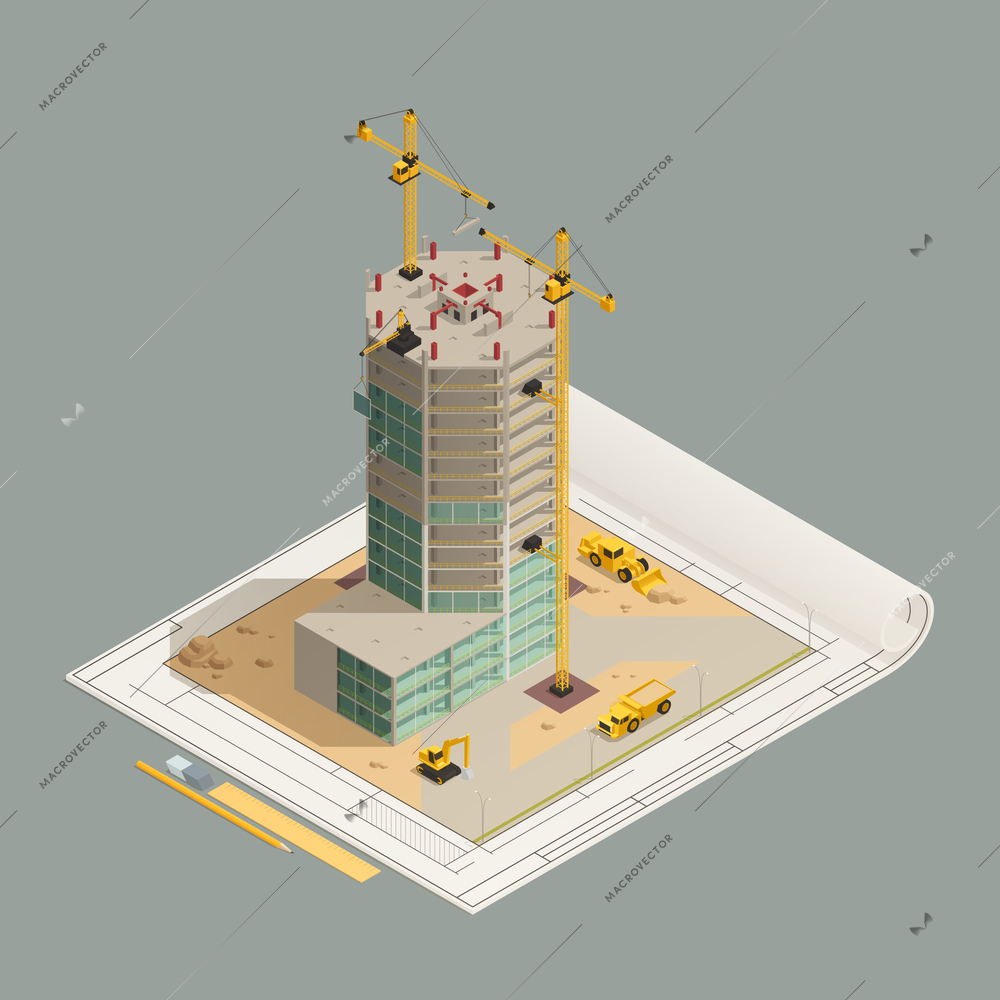Skyscraper construction completion isometric composition on architectural technical drawing with tower cranes and yellow machinery vector illustration