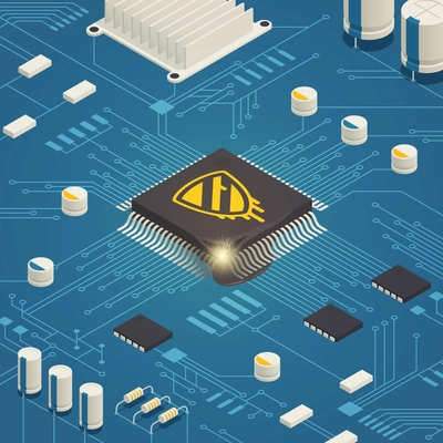 Meltdown cpu hardware vulnerability bug isometric composition with computer system board and malicious software symbol vector illustration