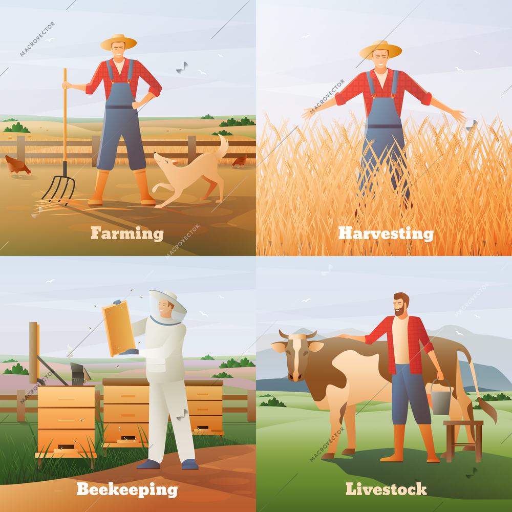 Agriculture flat compositions on nature background including farmer with pitchfork and livestock, harvesting, beekeeping isolated vector illustration