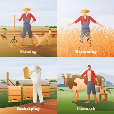 Agriculture flat compositions on nature background including farmer with pitchfork and livestock, harvesting, beekeeping isolated vector illustration