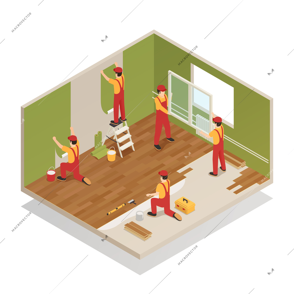 Home renovation remodeling repair isometric composition with workers replacing window frame laying wood laminate floor vector illustration