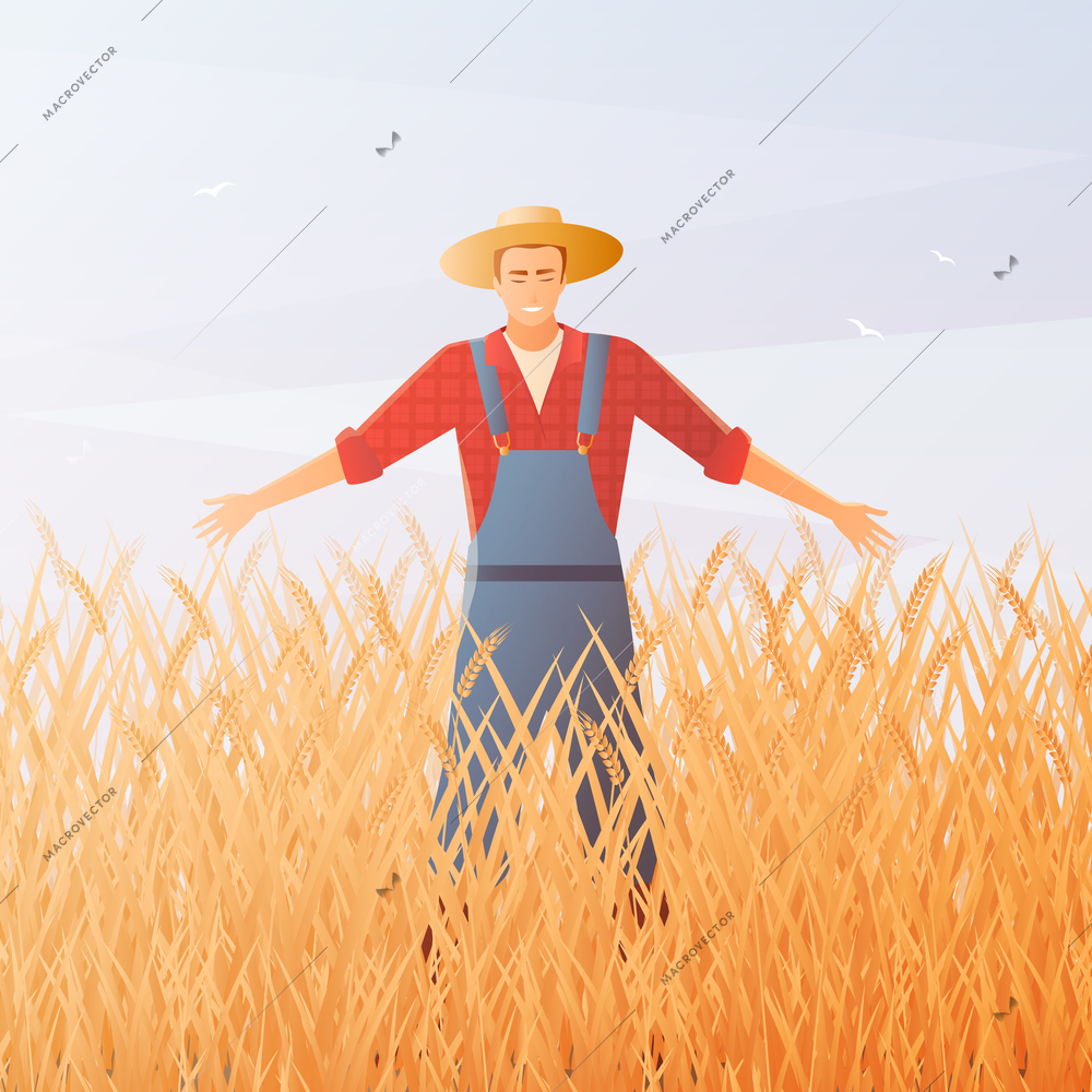 Joyful farmer and crop harvest on gradient sky background with flying birds flat composition vector illustration