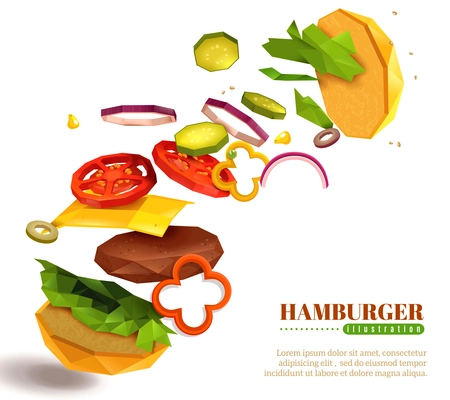 3D flying hamburger with sesame bun, lettuce and sliced vegetables, cheese, cutlet on white background vector illustration