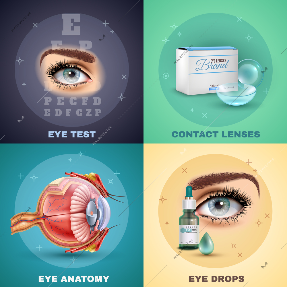 Vision realistic design concept with medical test, eye anatomy, contact lenses and drops, isolated vector illustration