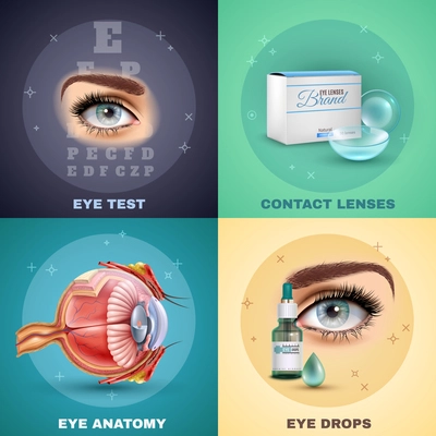 Vision realistic design concept with medical test, eye anatomy, contact lenses and drops, isolated vector illustration