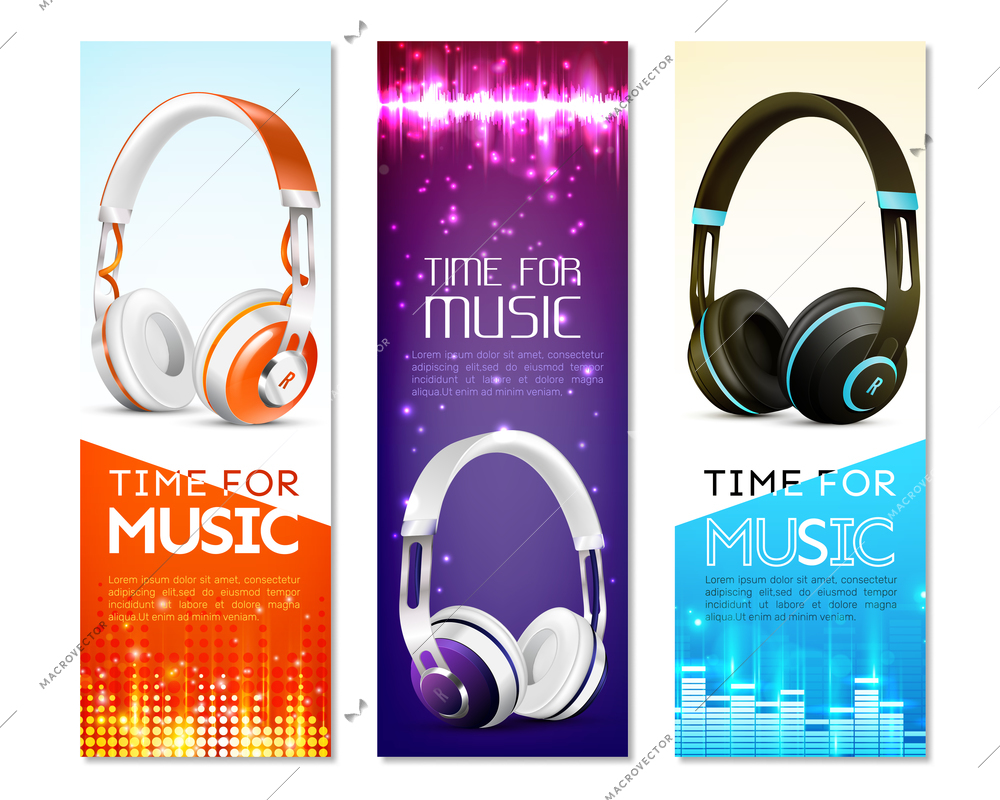 Set of vertical banners with realistic earphones with headband, sound wave, digital equalizer, sparkles isolated vector illustration