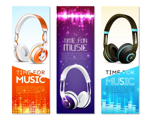 Set of vertical banners with realistic earphones with headband, sound wave, digital equalizer, sparkles isolated vector illustration