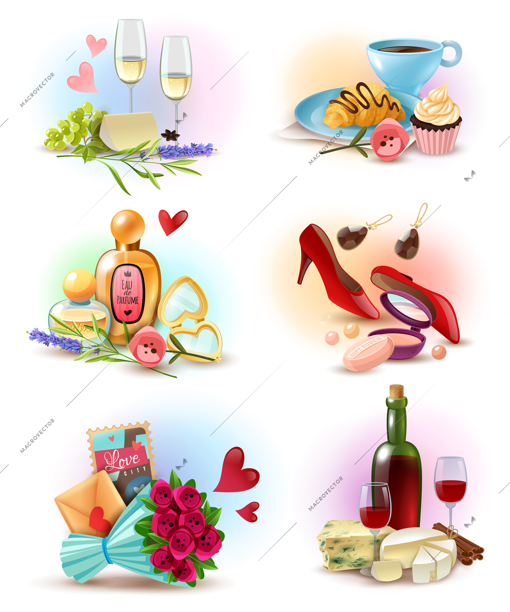 France paris set of compositions with food and drink, perfume, cosmetics, jewelry, shoes, flowers isolated vector illustration