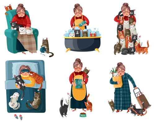 Lonely lady with cats during shopping, feeding, sleeping, relaxation in armchair set of icons isolated vector illustration