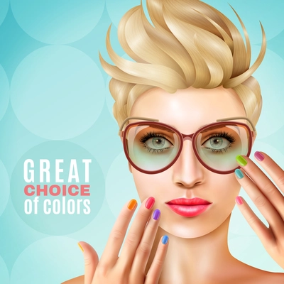 Model face nail polish background with human character of female model with shape and polish manicure vector illustration