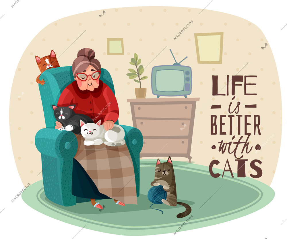 Old lady in armchair with cats during leisure in home interior, phrase about life vector illustration