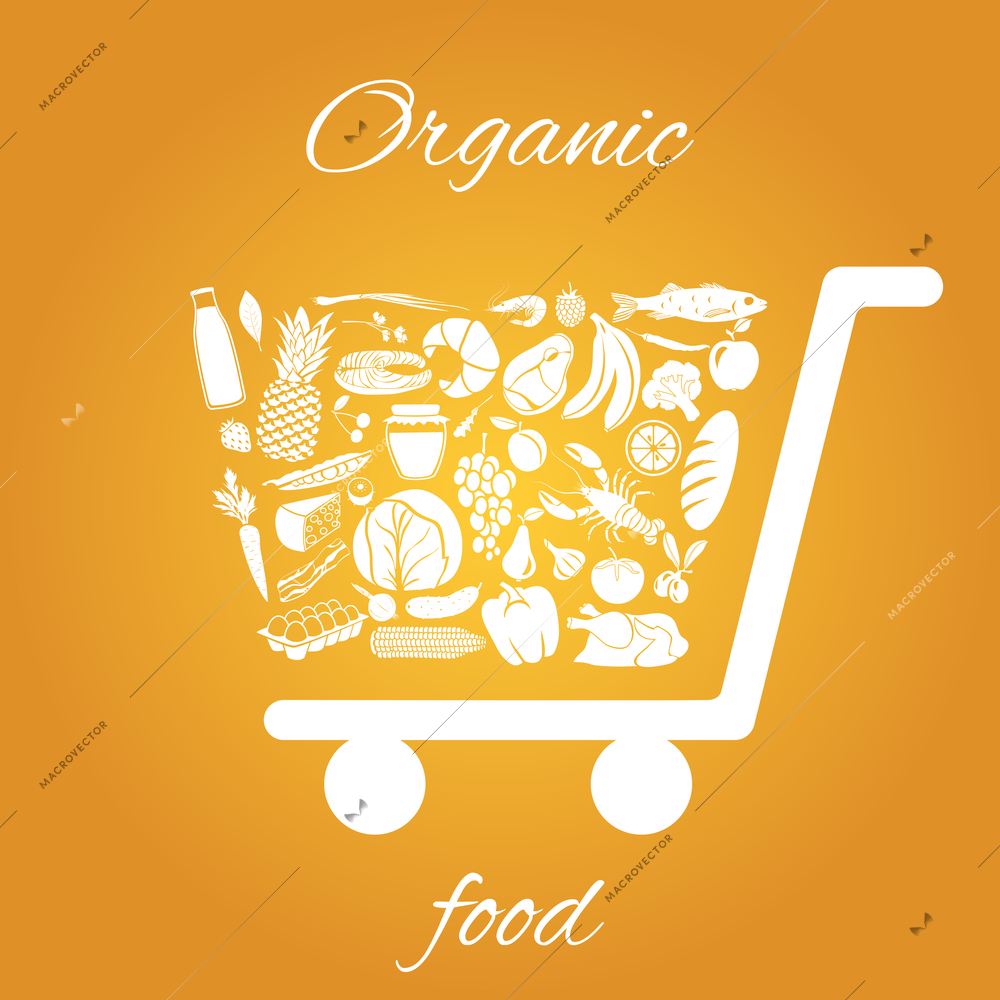 Shopping cart made of fruits vegetables meat and grocery healthy organic food concept vector illustration