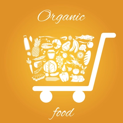 Shopping cart made of fruits vegetables meat and grocery healthy organic food concept vector illustration