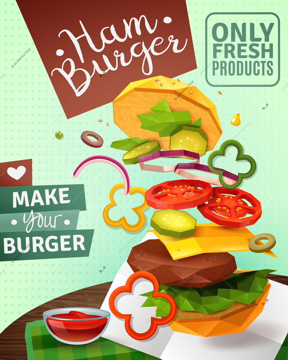 3D hamburger and sauce on brown wooden table, ad poster on green textured background vector illustration