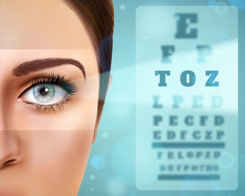 Vision realistic poster with female face, board with letter symbols for eye check vector illustration