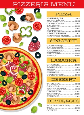 Pizzeria restaurant menu template with pizza and vegetables set vector illustration